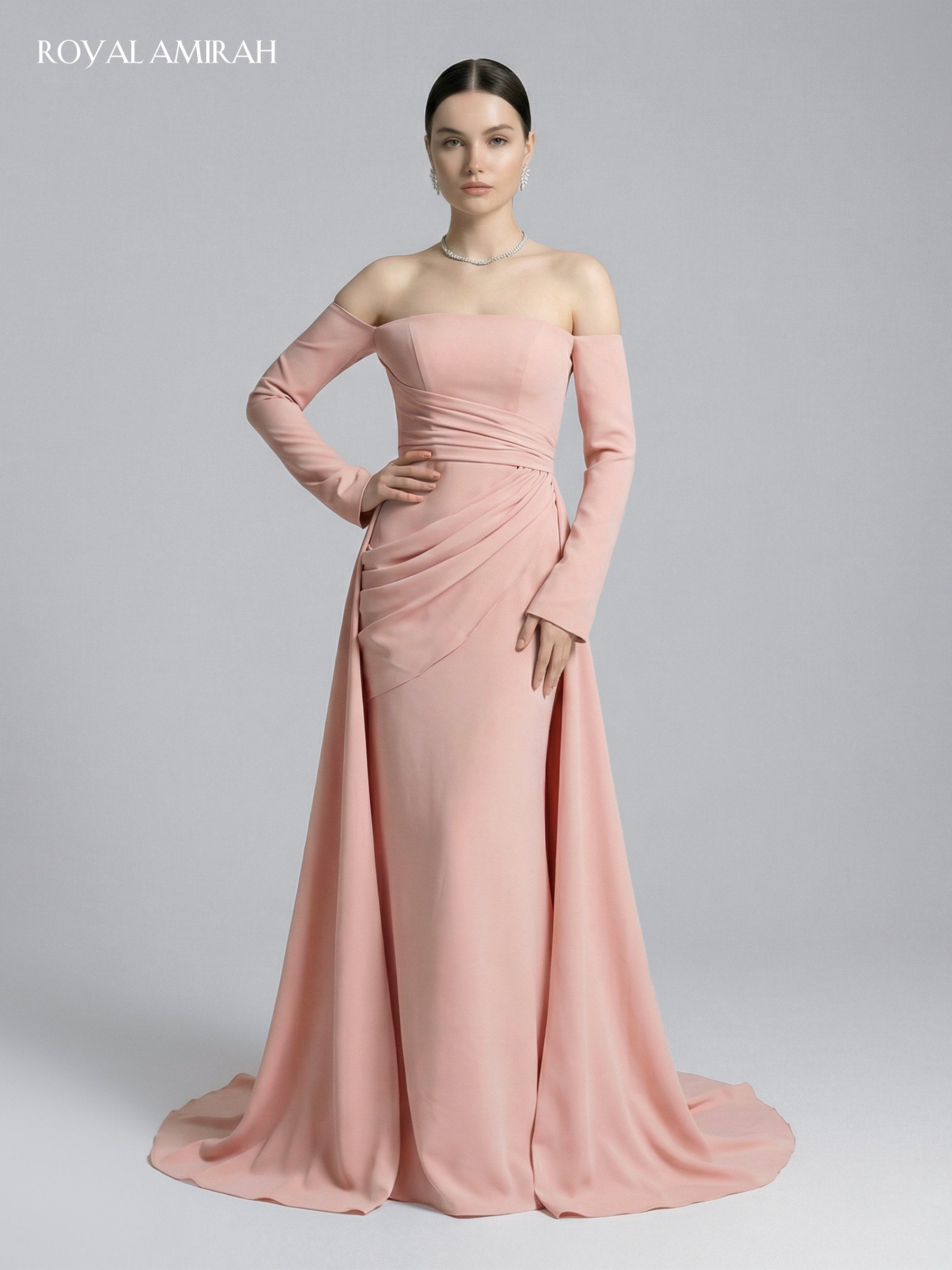 women's light pink off the shoulder dress royal wedding Royal Amirah Off Shoulder Pink Evening Dress W168