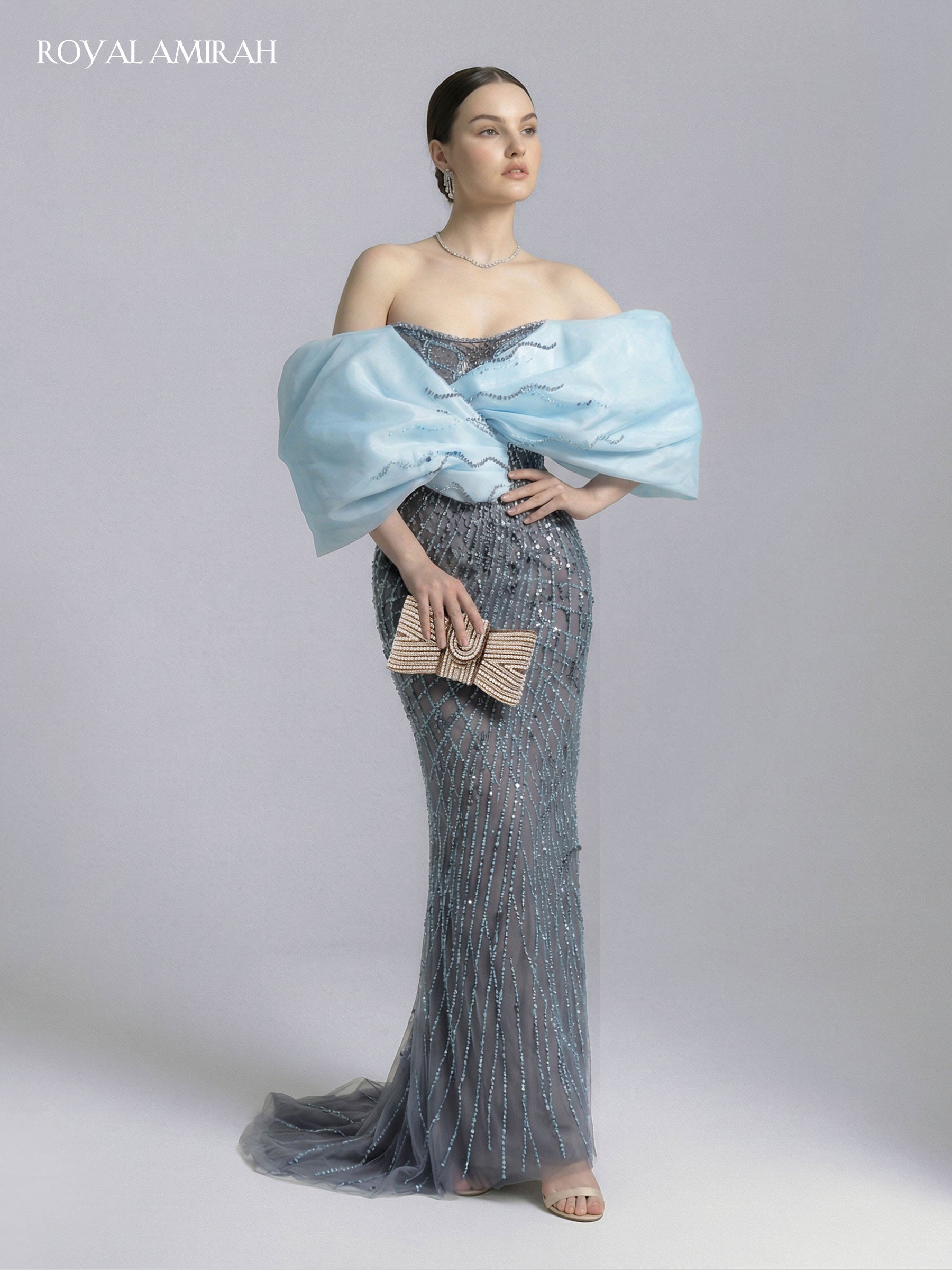 Royal Amirah Off Shoulder Silver Evening Dress H1916